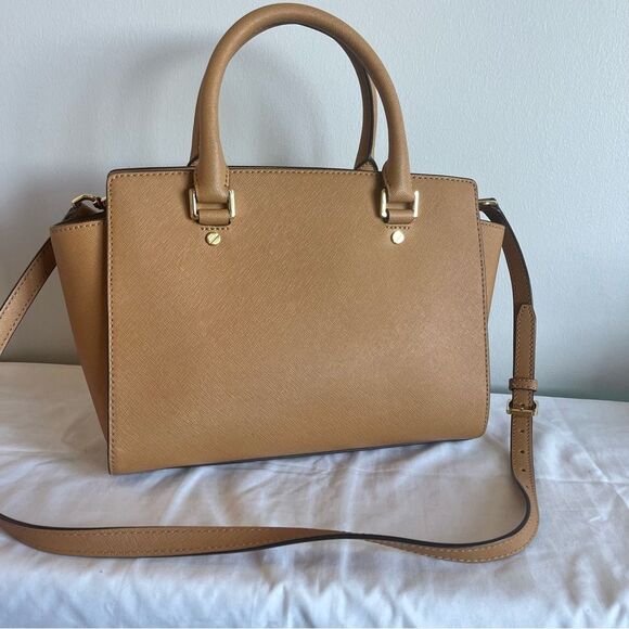 MICHAEL KORS Tan Selma Ciara Satchel Acorn Shoulder Bag Crossbody Tote - Picture 6 of 11